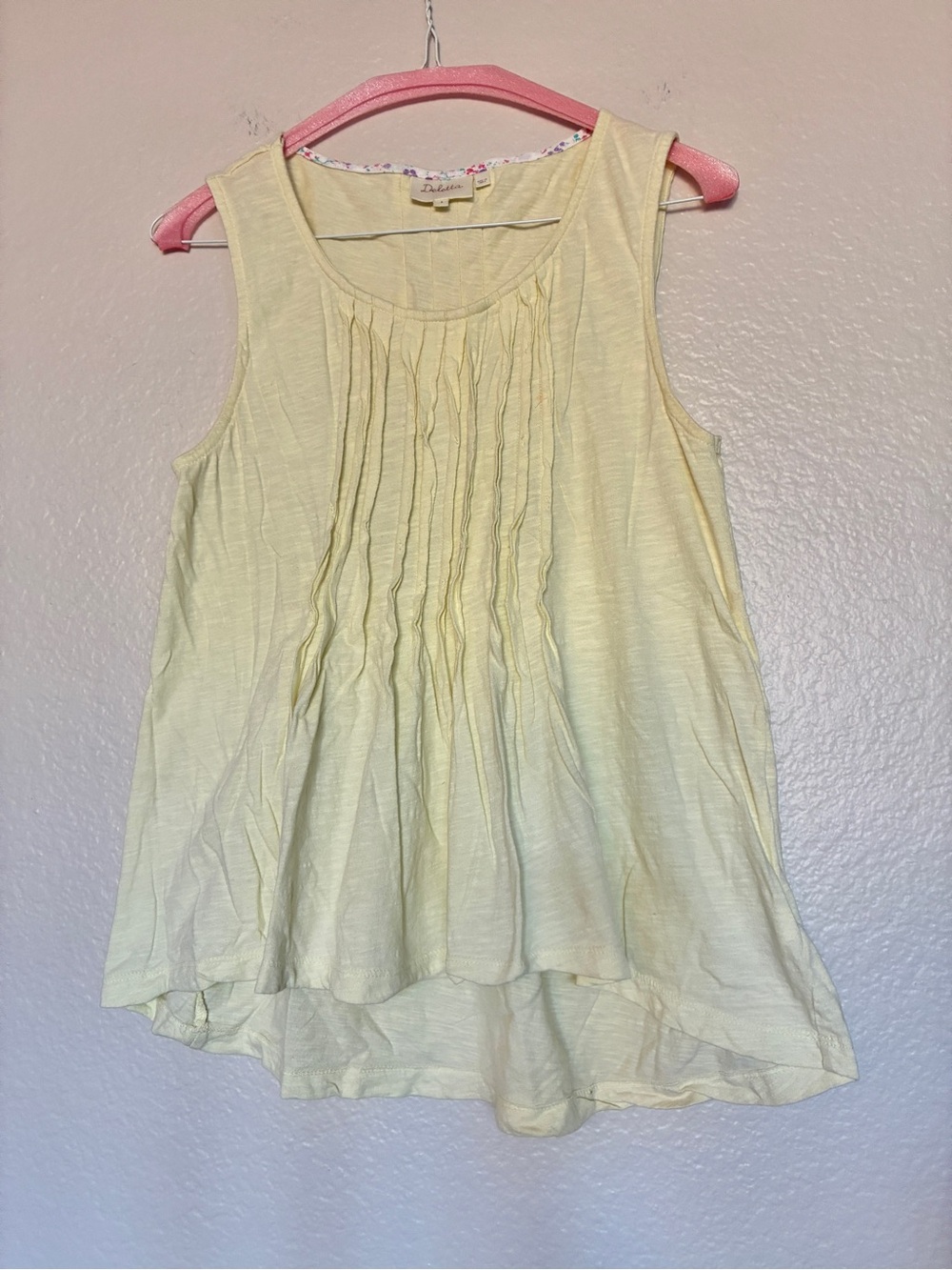 Deletta Pale Yellow Pintuck Sleeveless Tank Top 100% Cotton S Cottagecore Y2K
